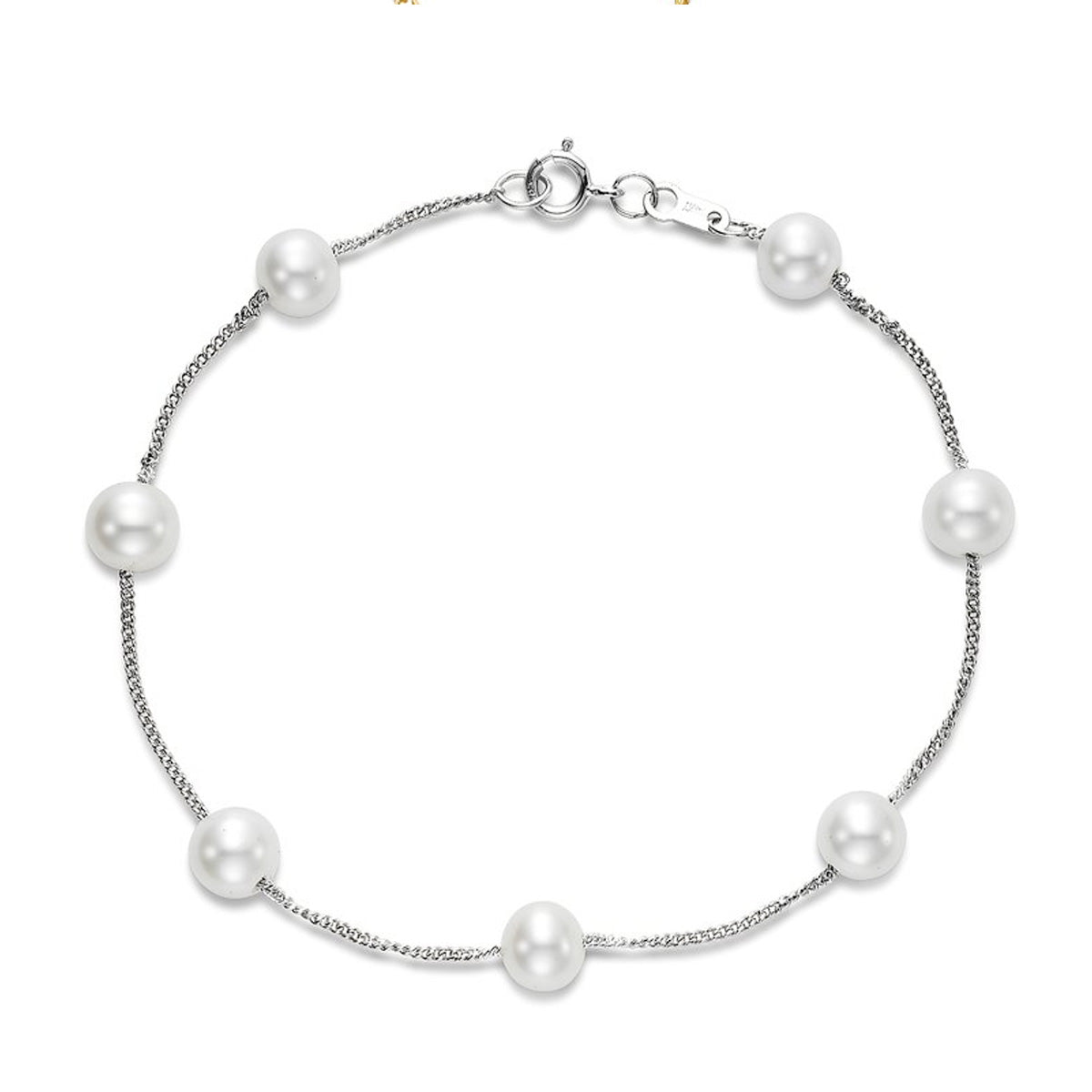 White Freshwater Pearl Station Curb Link Bracelet  in Yellow Gold