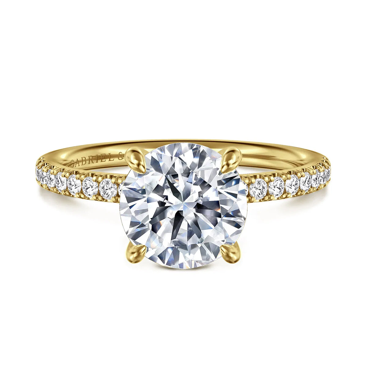 Twain Prong Set Round Diamond Pave Engagement Ring Setting in Yellow Gold, 0.20 cttw