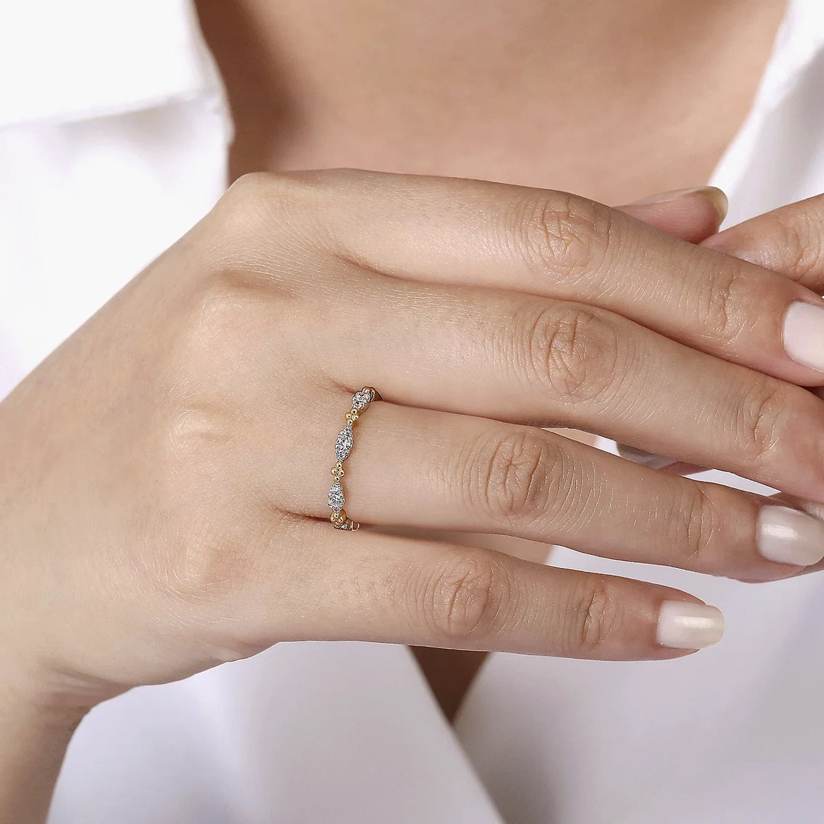 Bujukan Stackable Beaded Diamond Marquise Ring in Yellow Gold, 0.20 cttw