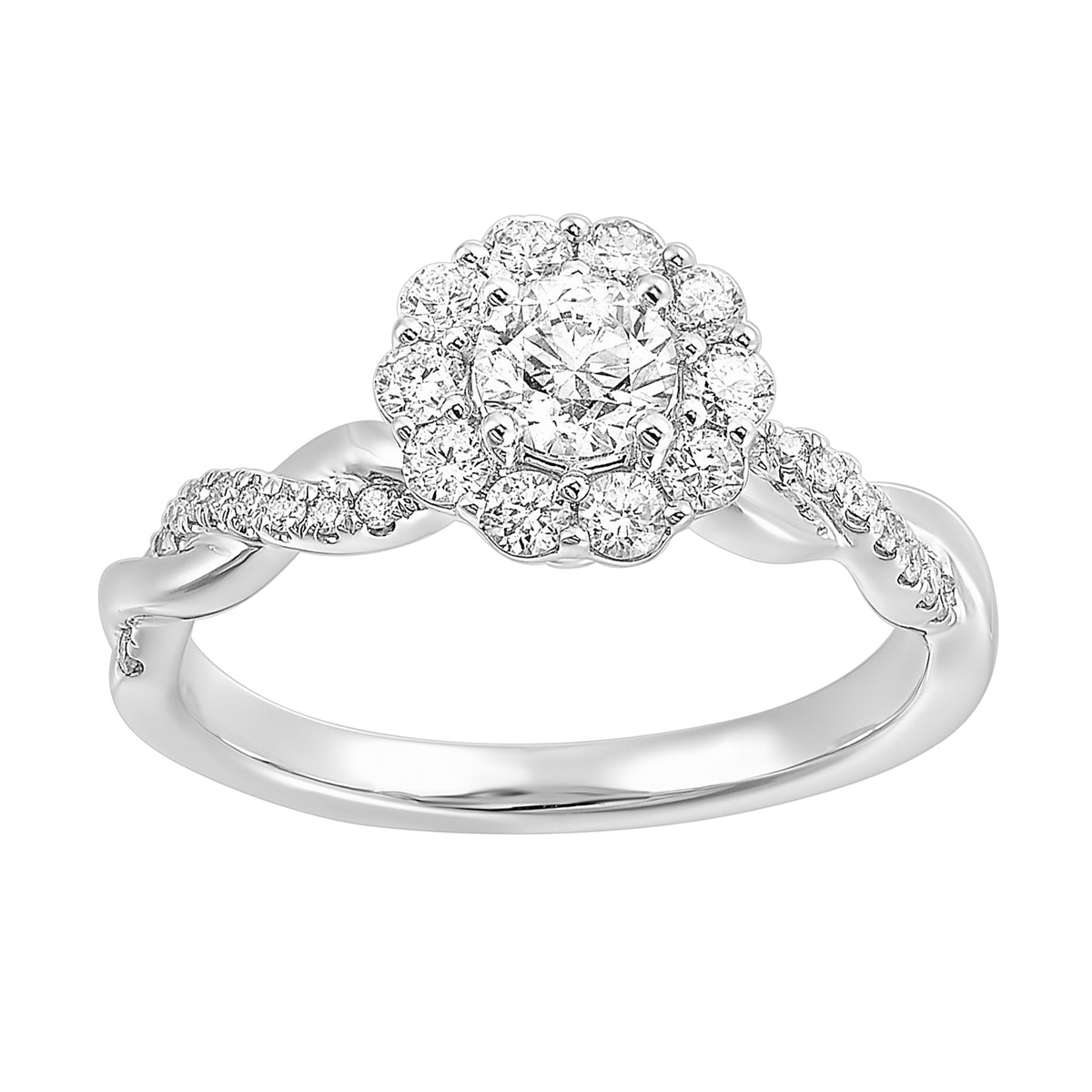 Floral Inspired Round Lab Created Diamond Halo Crossover Engagement Ring in White Gold, 0.81 cttw