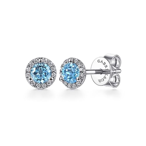Round 4mm Swiss Blue Topaz and Diamond Halo Stud Earrings in White Gold