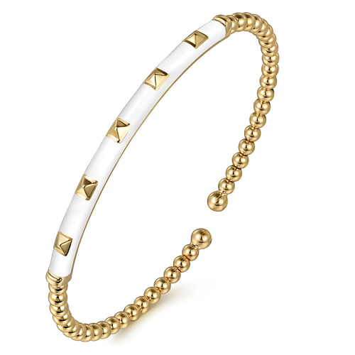 Pyramid Stud and White Enamel Bujukan Bead Split Cuff Bracelet in Yellow Gold