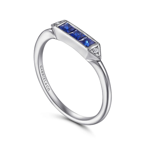 Blue Princess Cut Sapphire and Round Diamond Stackable Ring Band in White Gold, 0.30 cttw