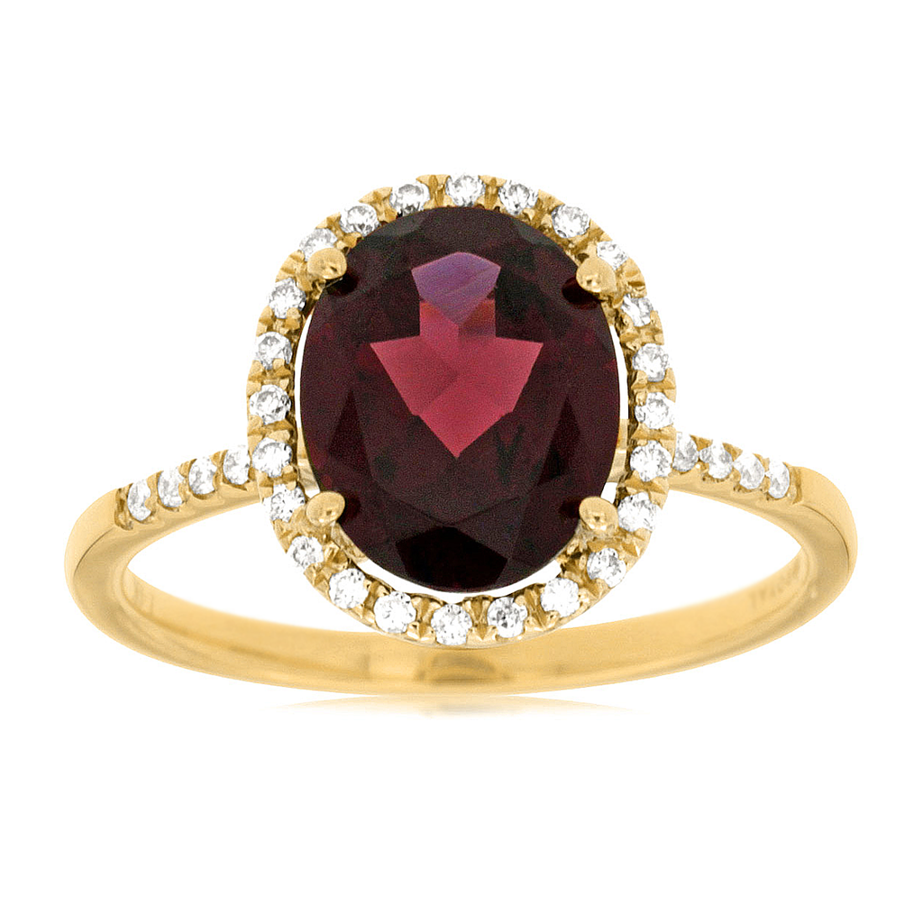 Oval Garnet and Diamond Halo Ring in 14k Yellow Gold