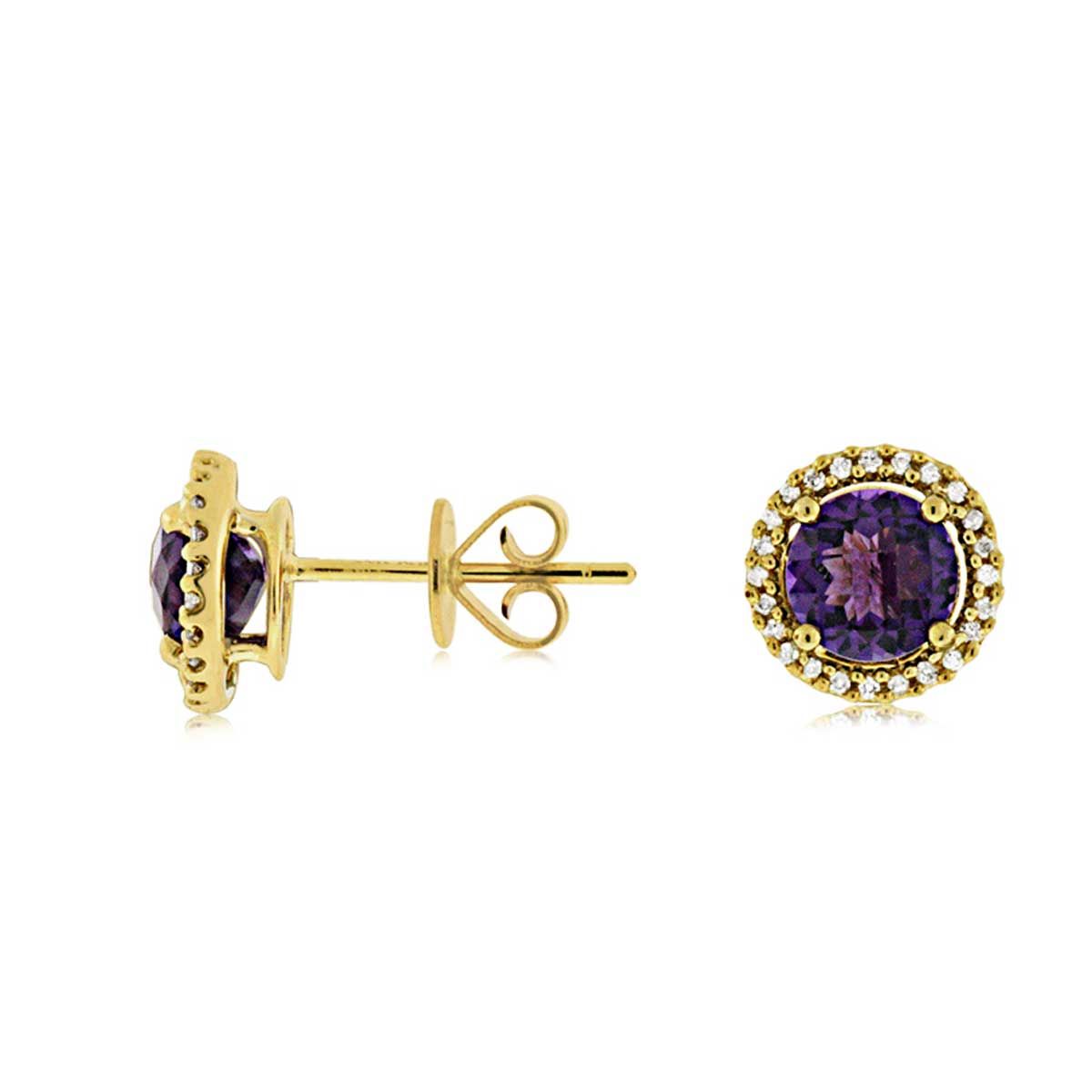 Amethyst and Diamond Halo Stud Earrings in 14k Yellow Gold