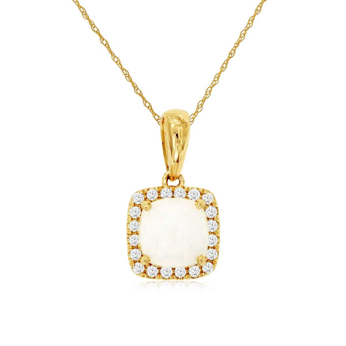 Cushion-Cut Opal and Diamond Halo Pendant in 14k Gold