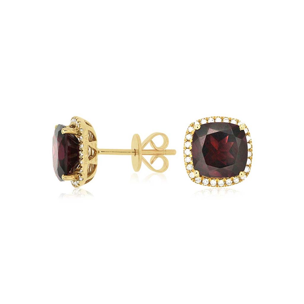 Garnet and Diamond Square Halo Stud Earrings