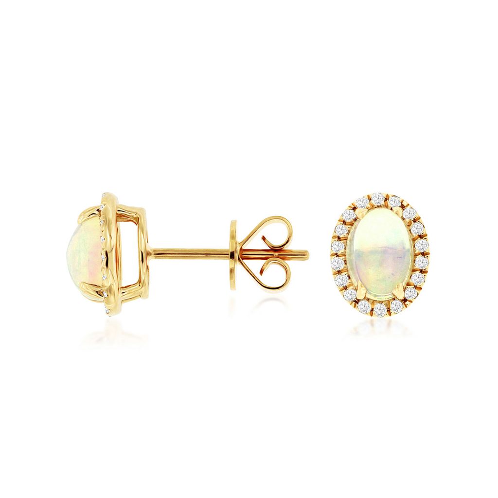 Oval Opal and Diamond Halo Earrings in 14k Yellow Gold