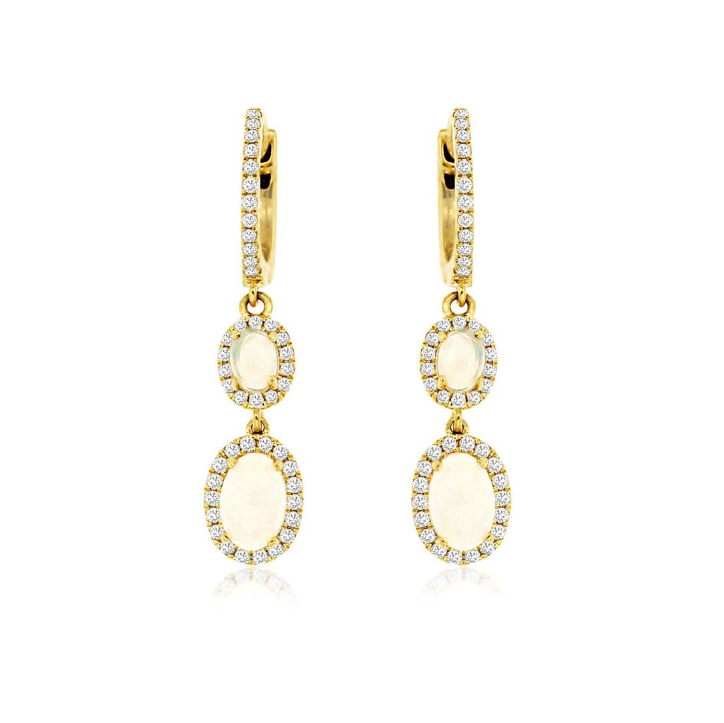 Oval Opal and Diamond Dangle Earrings in 14k Yellow Gold