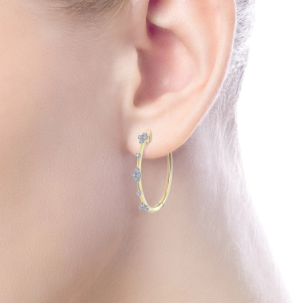 Yellow Gold Diamond Cluster Hoop Earrings, 20mm