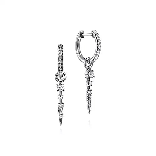 Diamond Spike Drop 10mm Huggie Earrings in White Gold, 0.32 cttw