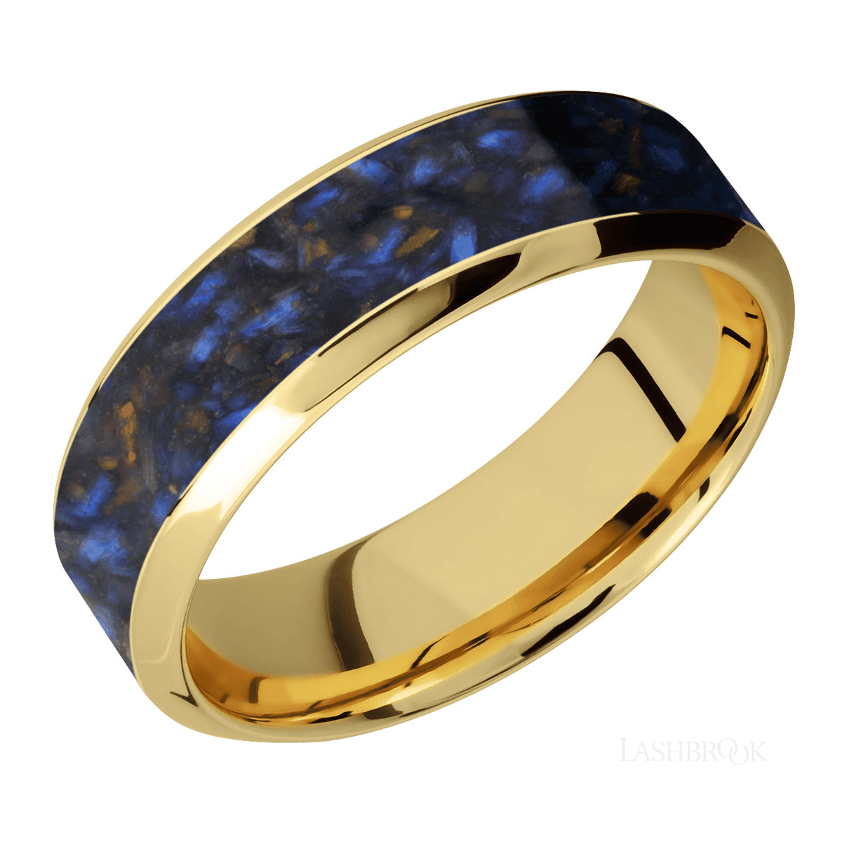 Masculine 14k gold band with Blue Tiger Eye Inlay
