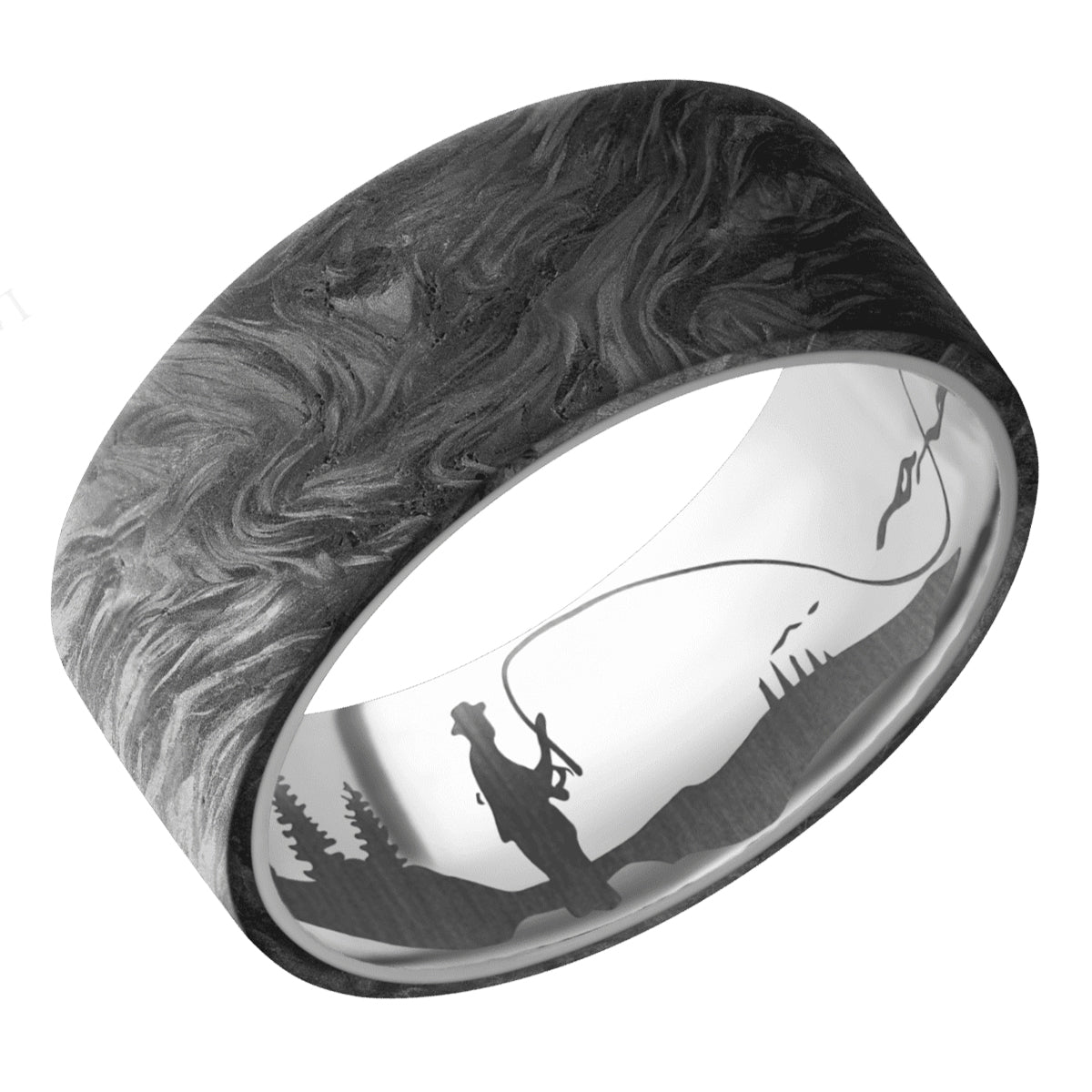 Ring with engraved design of a person fishing in a landscape on a silver background
