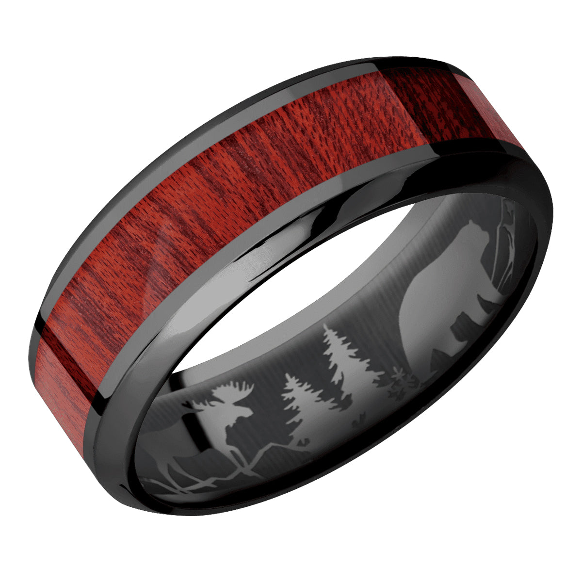 Men&#39;s Zirconium Band with Bloodwood Inlay &amp; Outdoor Scene