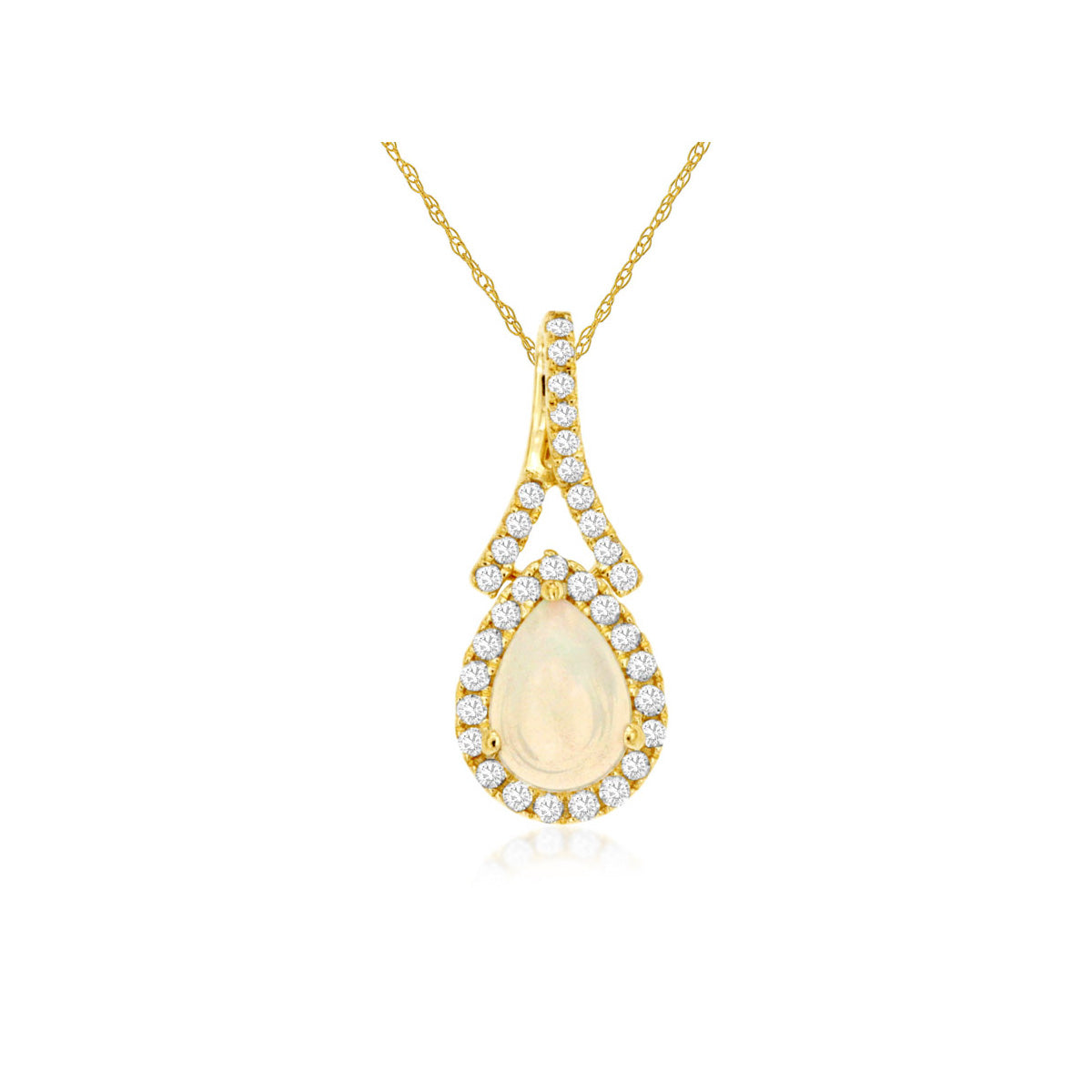 Pear Shaped Cabochon Opal and Diamond Halo Split Bail Pendant Necklace in Yellow Gold