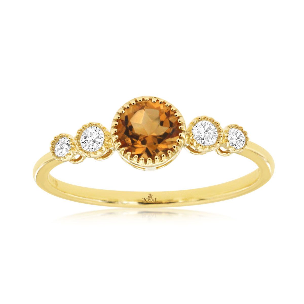 Round Citrine and Diamond Ring with Beaded Detail