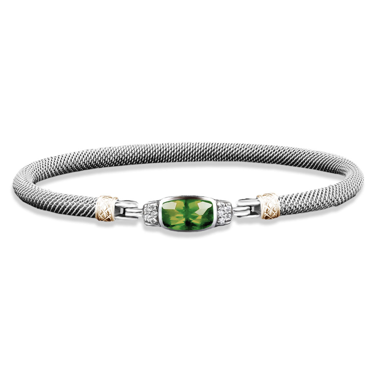 Milanese Mesh Bangle Bracelet with Cushion Cut Peridot and Lab-Grown Diamonds in Sterling Silver and Yellow Gold, 0.10 cttw