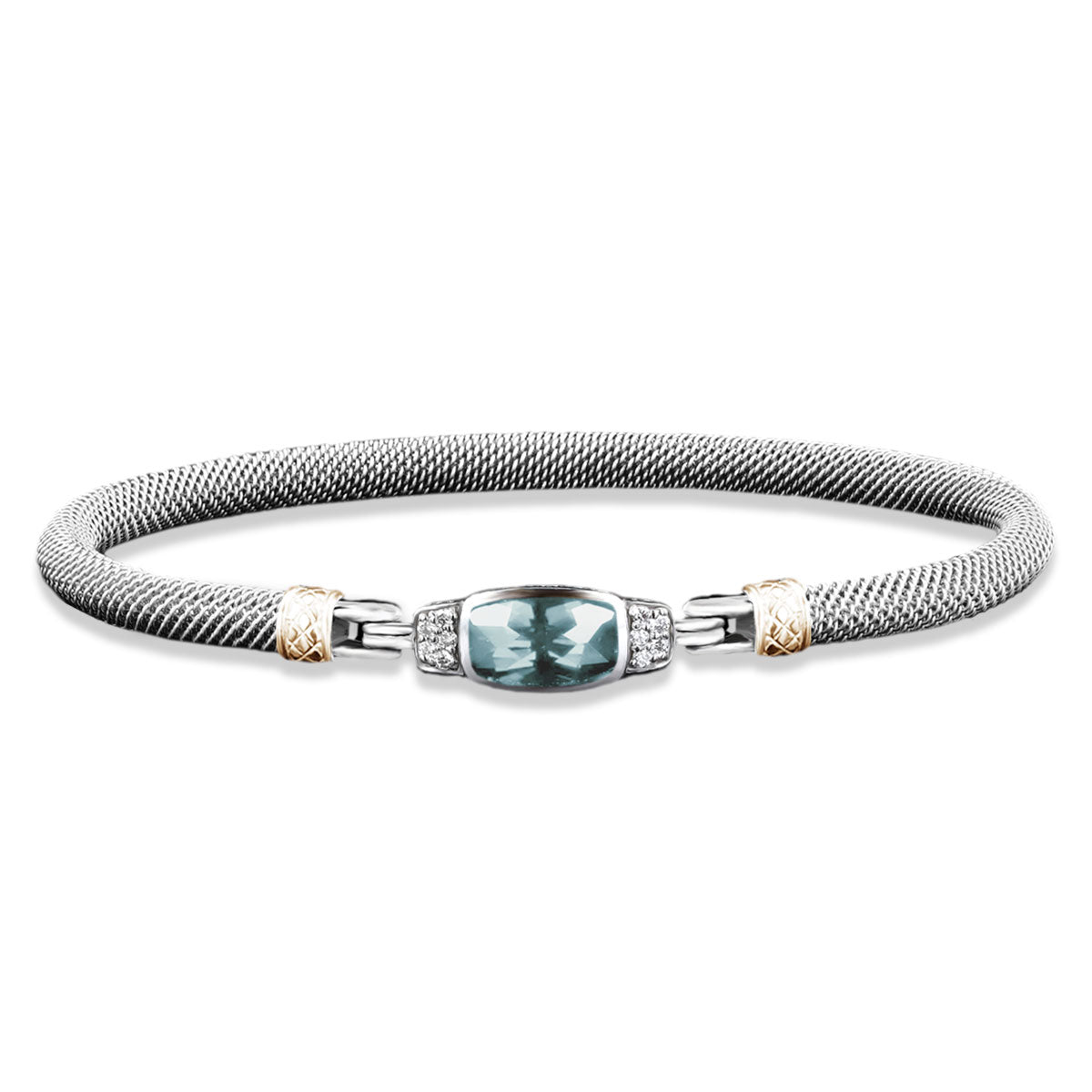 Milanese Mesh Bangle Bracelet with Cushion Cut Sky Blue Topaz and Lab-Grown Diamonds in Sterling Silver and Yellow Gold, 0.10 cttw