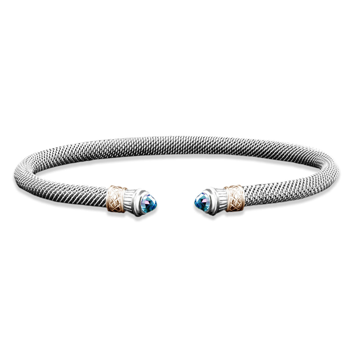 Milanese Mesh Elegante Cuff Bracelet with Round Cabochon Swiss Blue Topaz End Caps in Sterling Silver and Yellow Gold