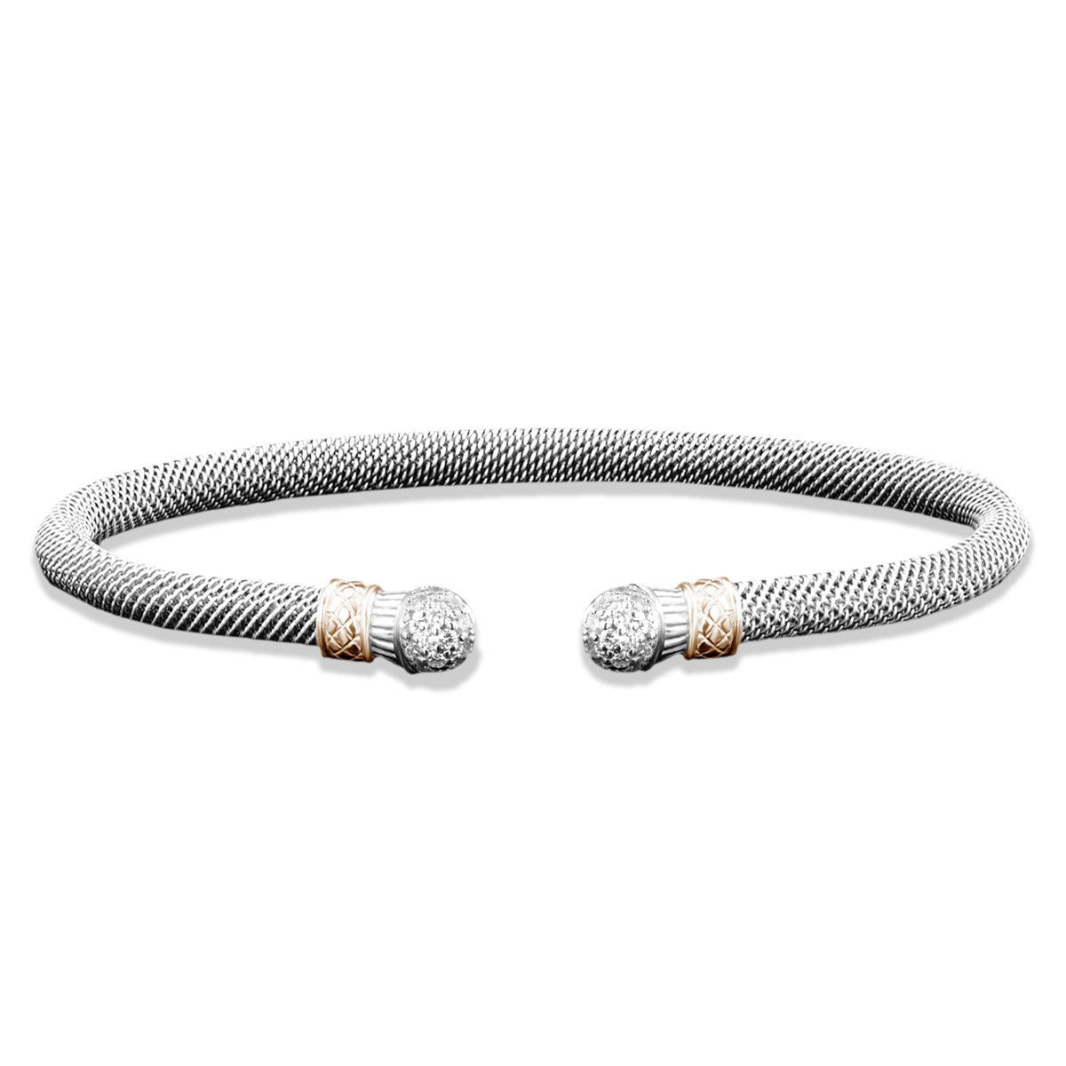 Milanese Mesh Elegante Cuff Bracelet with Lab-Grown Diamond End Caps in Sterling Silver and Yellow Gold, 0.28 cttw