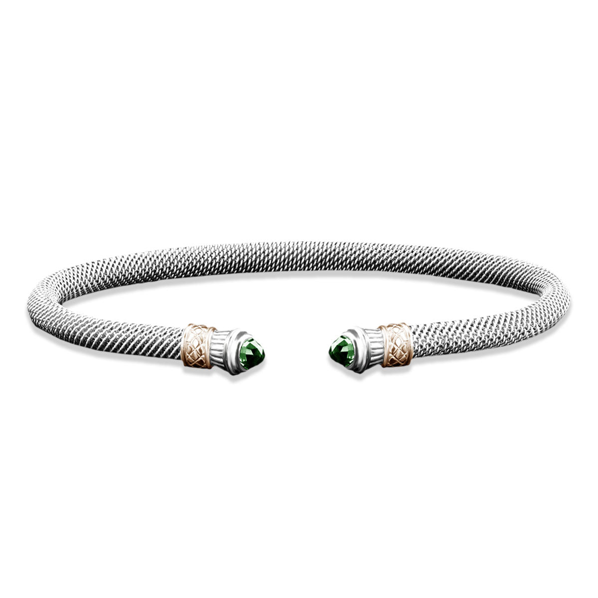 Milanese Mesh Elegante Cuff Bracelet with Round Cabochon Emerald End Caps in Sterling Silver and Yellow Gold