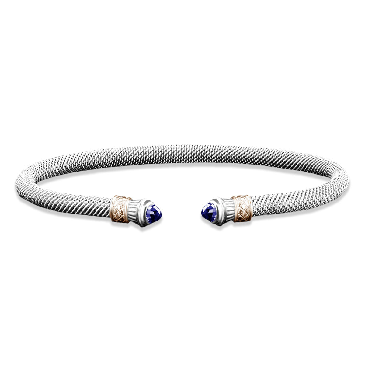 Milanese Mesh Elegante Cuff Bracelet with Round Cabochon Blue Sapphire End Caps in Sterling Silver and Yellow Gold