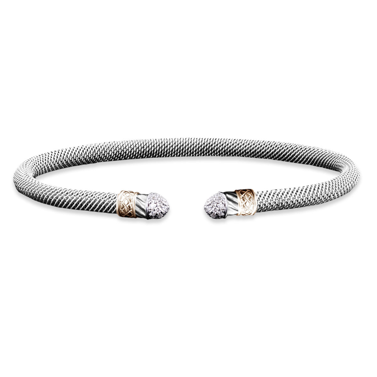 Milanese Mesh Cuff Bracelet with Lab-Grown Diamond Cluster End Caps in Sterling Silver and Yellow Gold, 0.28 cttw