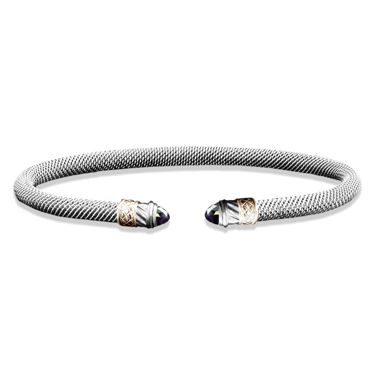 Milanese Mesh Two-Tone Cuff Bracelet with Round Cabochon Alexandrite End Caps in Sterling Silver and Yellow Gold