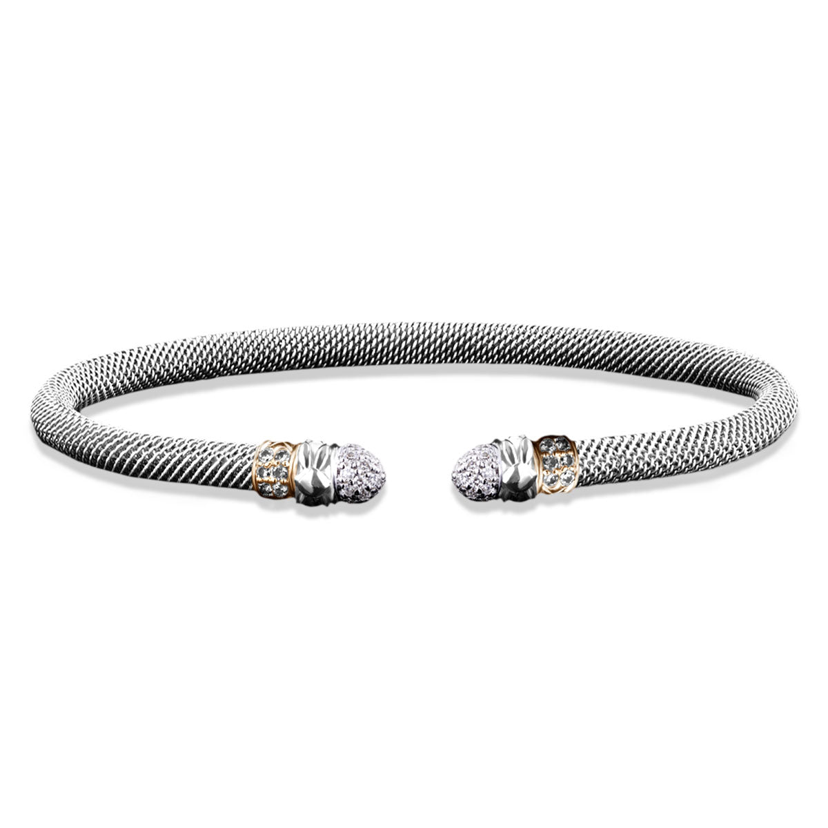 Milanese Mesh Cuff Bracelet with Lab-Created Diamond Clusters and Gold Pave End Caps in Sterling Silver and Yellow Gold, 0.40 cttw