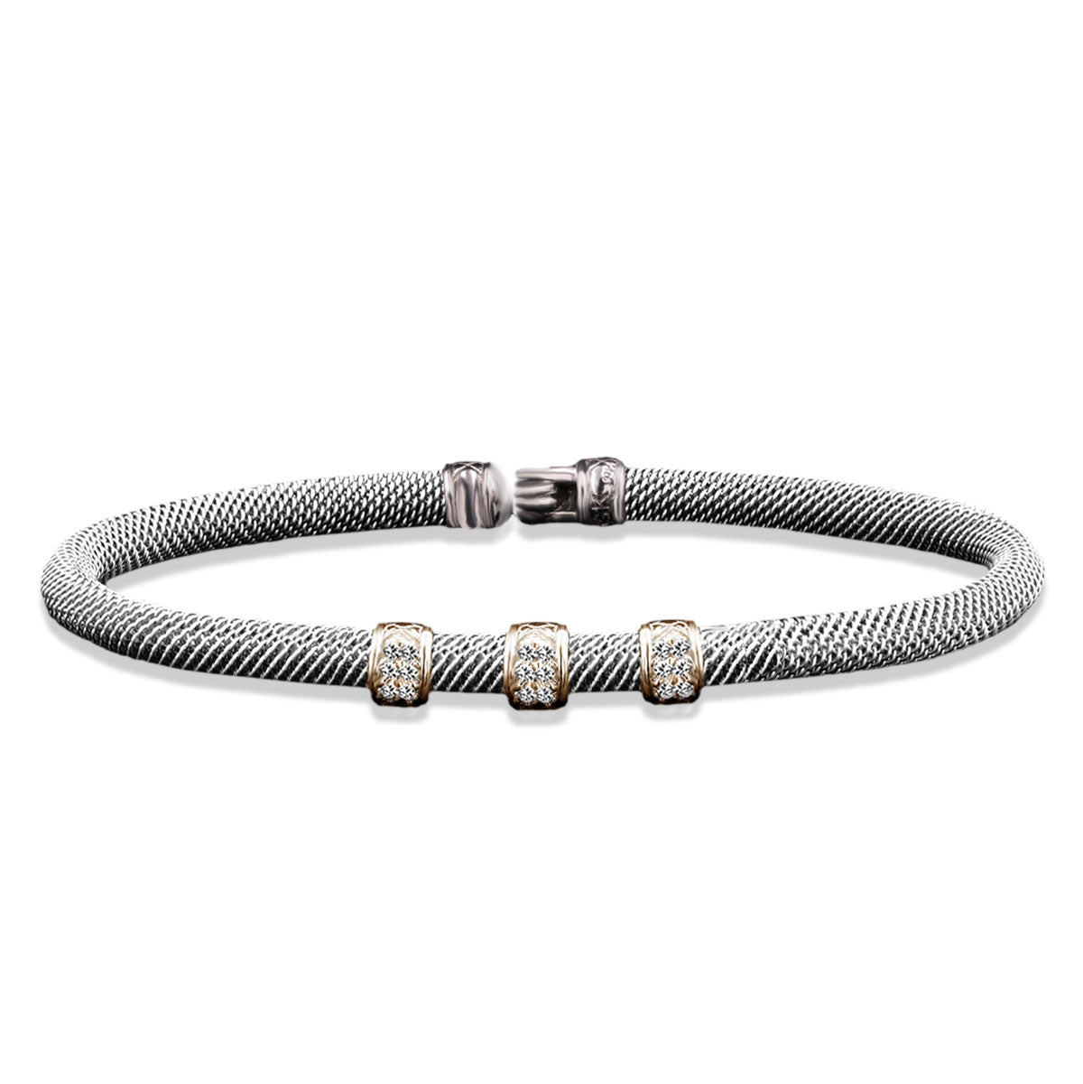 Milanese Mesh Two-Tone Cuff Bracelet with Moveable Gold Lab-Grown Diamond Pave Beads in Sterling Silver and Yellow Gold, 0.18 cttw