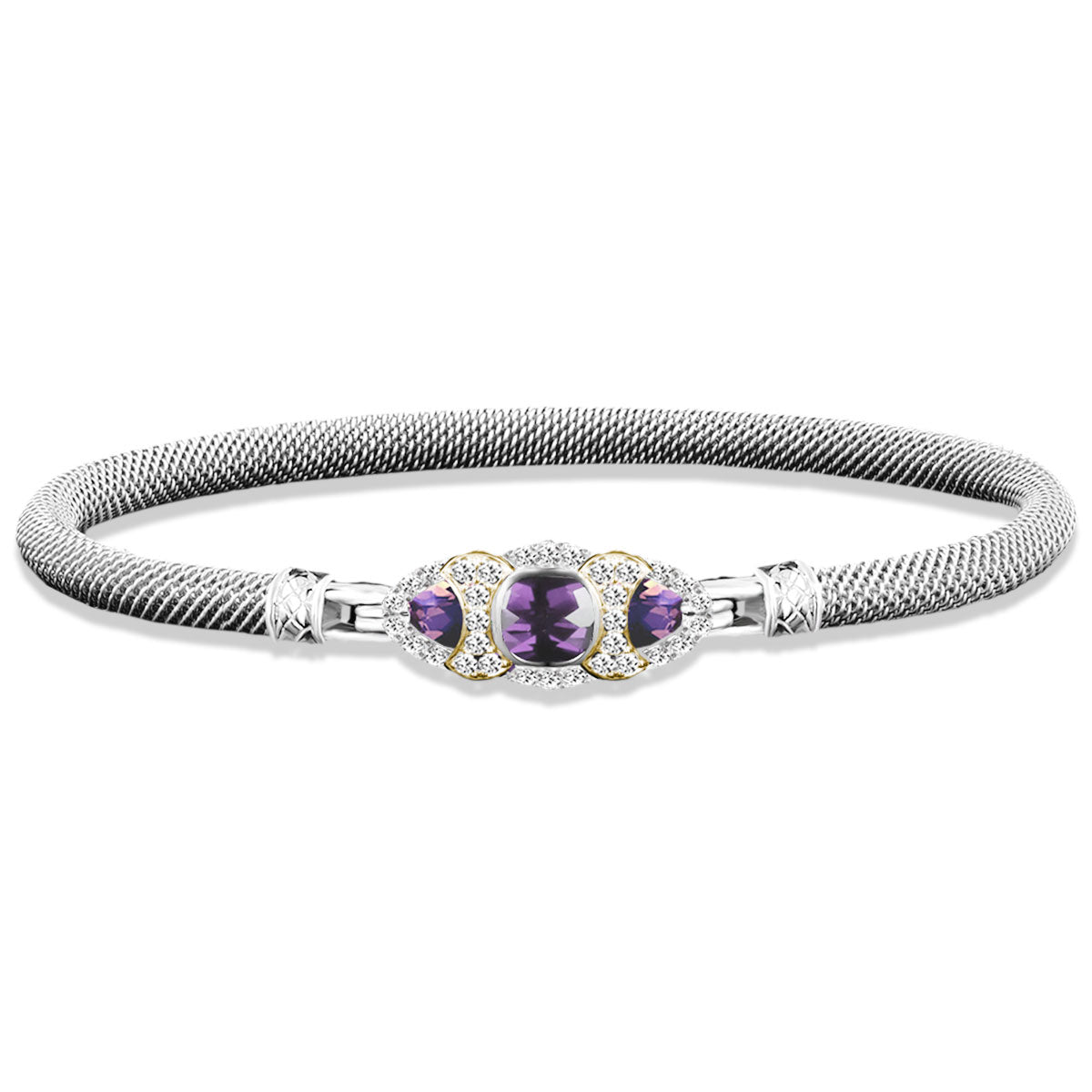 Milanese Mesh Two-Tone Bangle Bracelet with Cushion and Trillion Cut Amethyst and Lab-Grown Diamond Pave Accents in Sterling Silver and Yellow Gold, 0.40 cttw