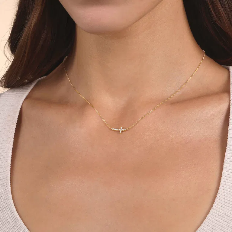 Curved Diamond Cross Chain Necklace