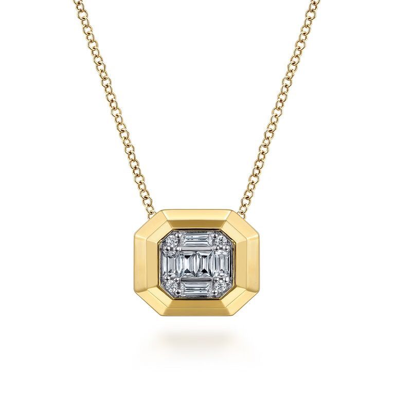 Emerald-Frame Diamond Cluster Pendant Necklace in 14k Yellow Gold