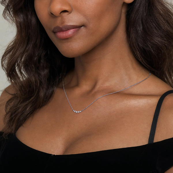 Curved Bar Necklace with White Sapphires in 14K White Gold