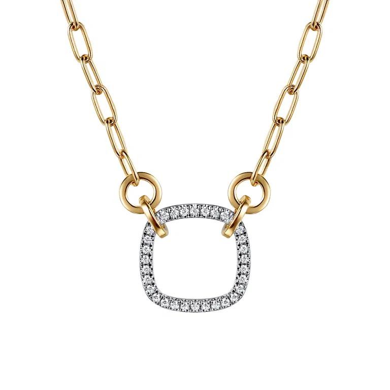 Cushion Shaped Diamond Stationary Pendant Necklace in White &amp; Yellow Gold