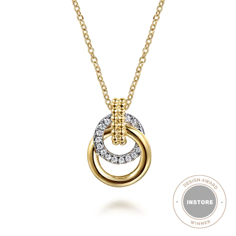Yellow and white Gold Diamond Double Circle Pendant Necklace