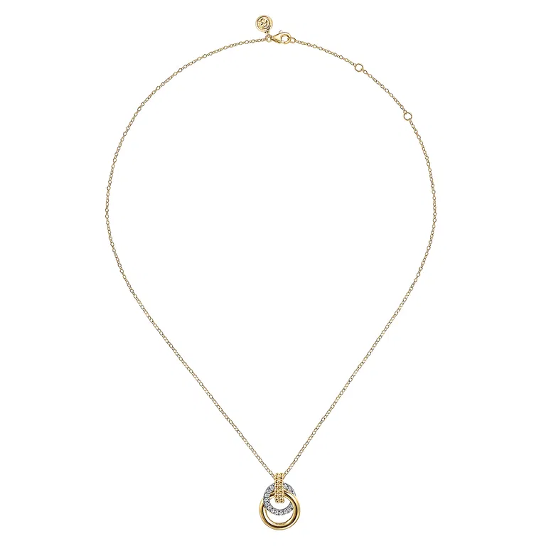 Yellow and white Gold Diamond Double Circle Pendant Necklace
