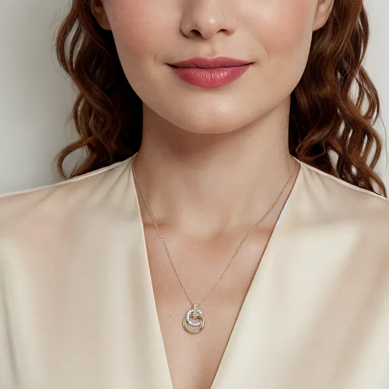 Yellow and white Gold Diamond Double Circle Pendant Necklace