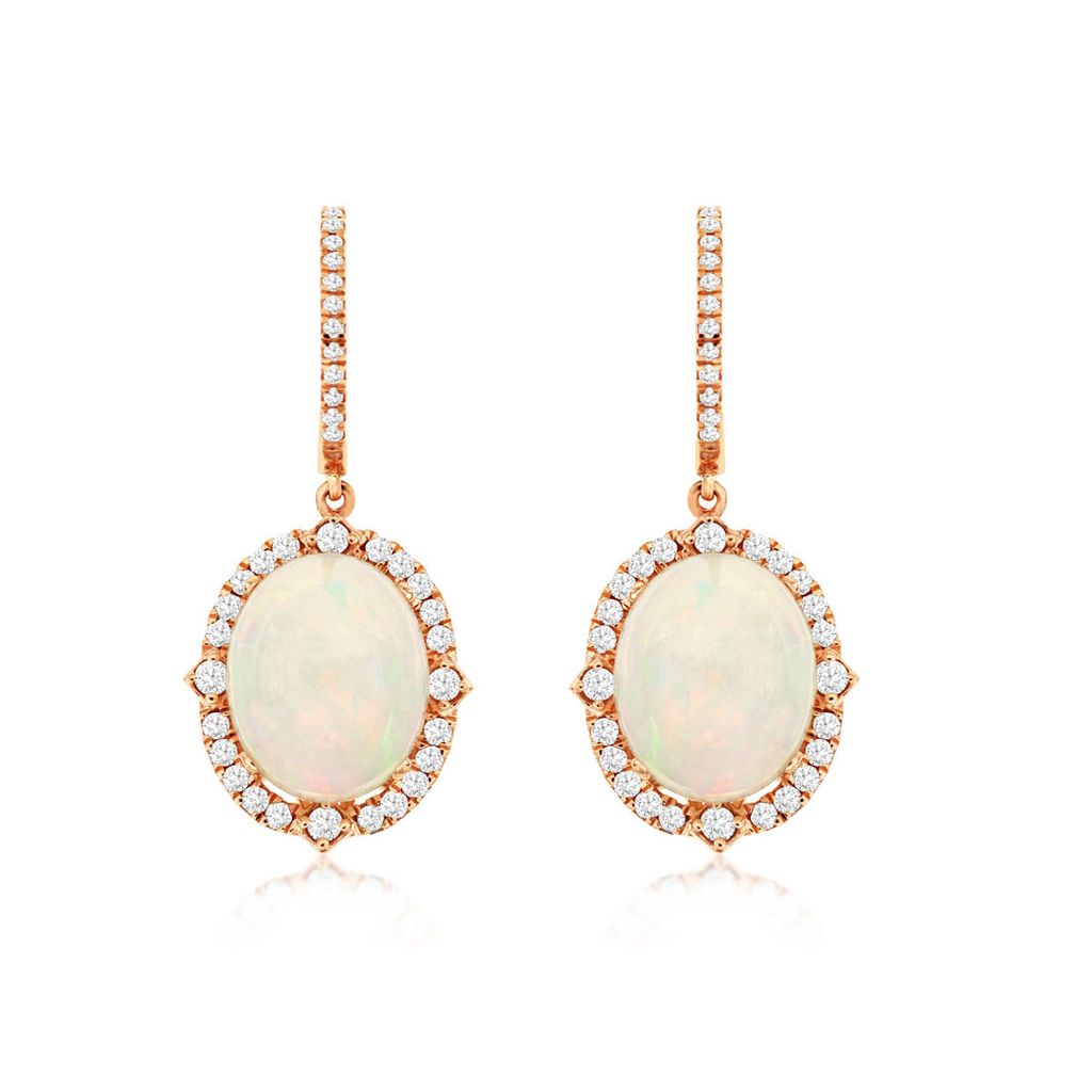 Opal and Diamond Halo Dangle Earrings in 14k Rose Gold