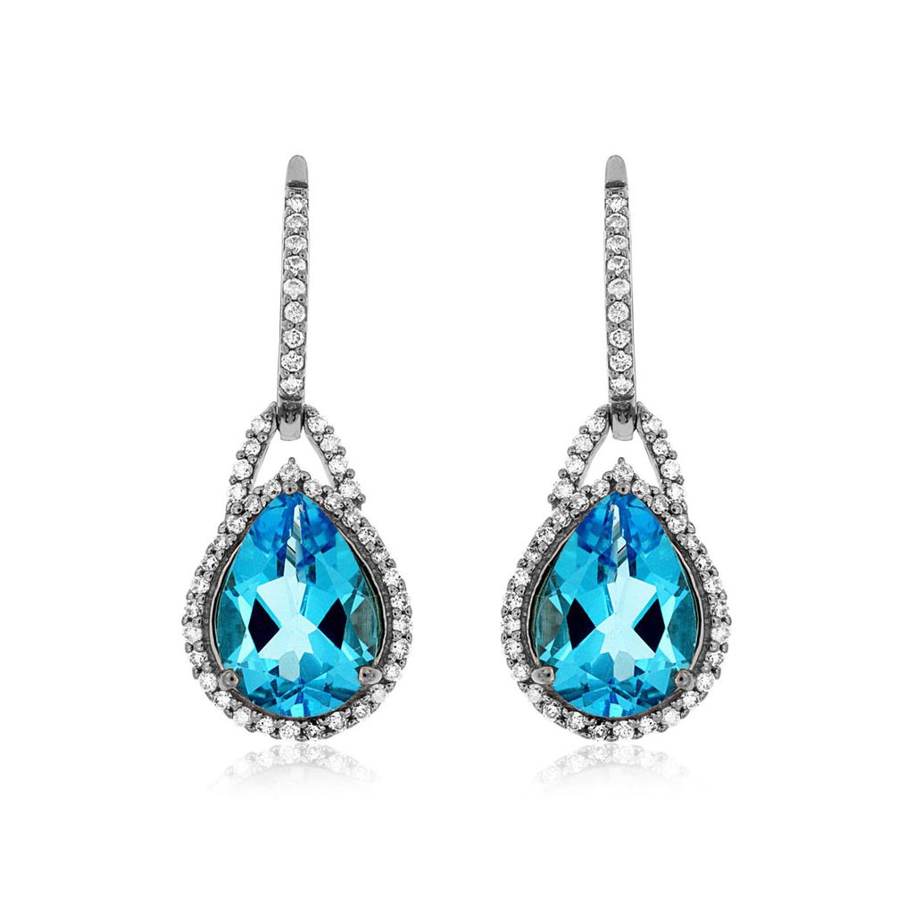 Blue Topaz and Diamond Hinged Hoop Earrings