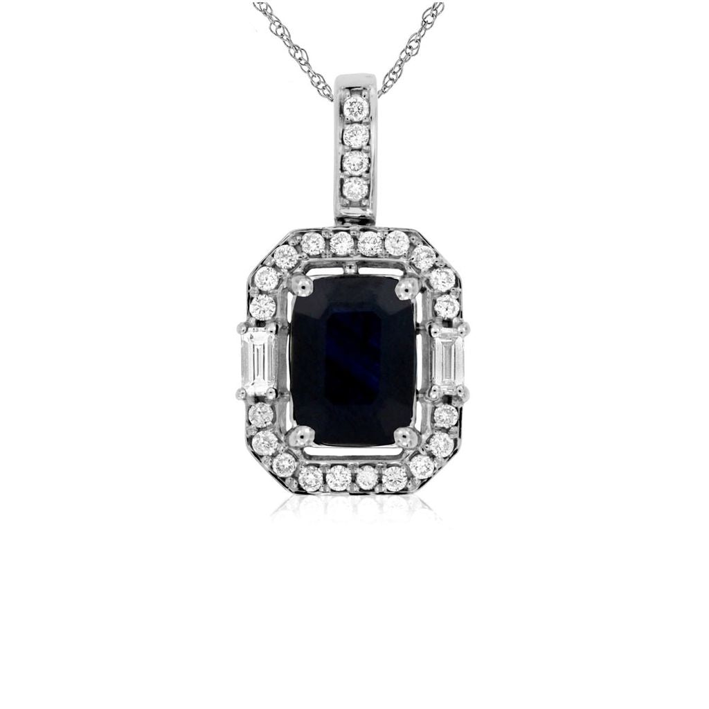 Natural Blue Emerald Cut Sapphire and Diamond Halo Pendant