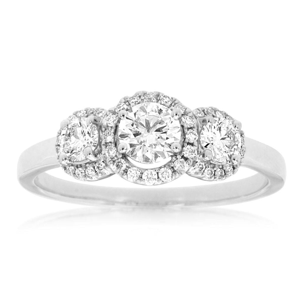 3-Stone Halo Engagement Ring, 0.77cttw