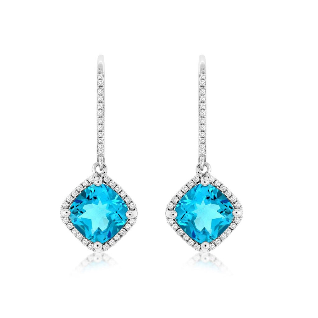Swiss Blue Topaz and Diamond Drop Halo Earrings