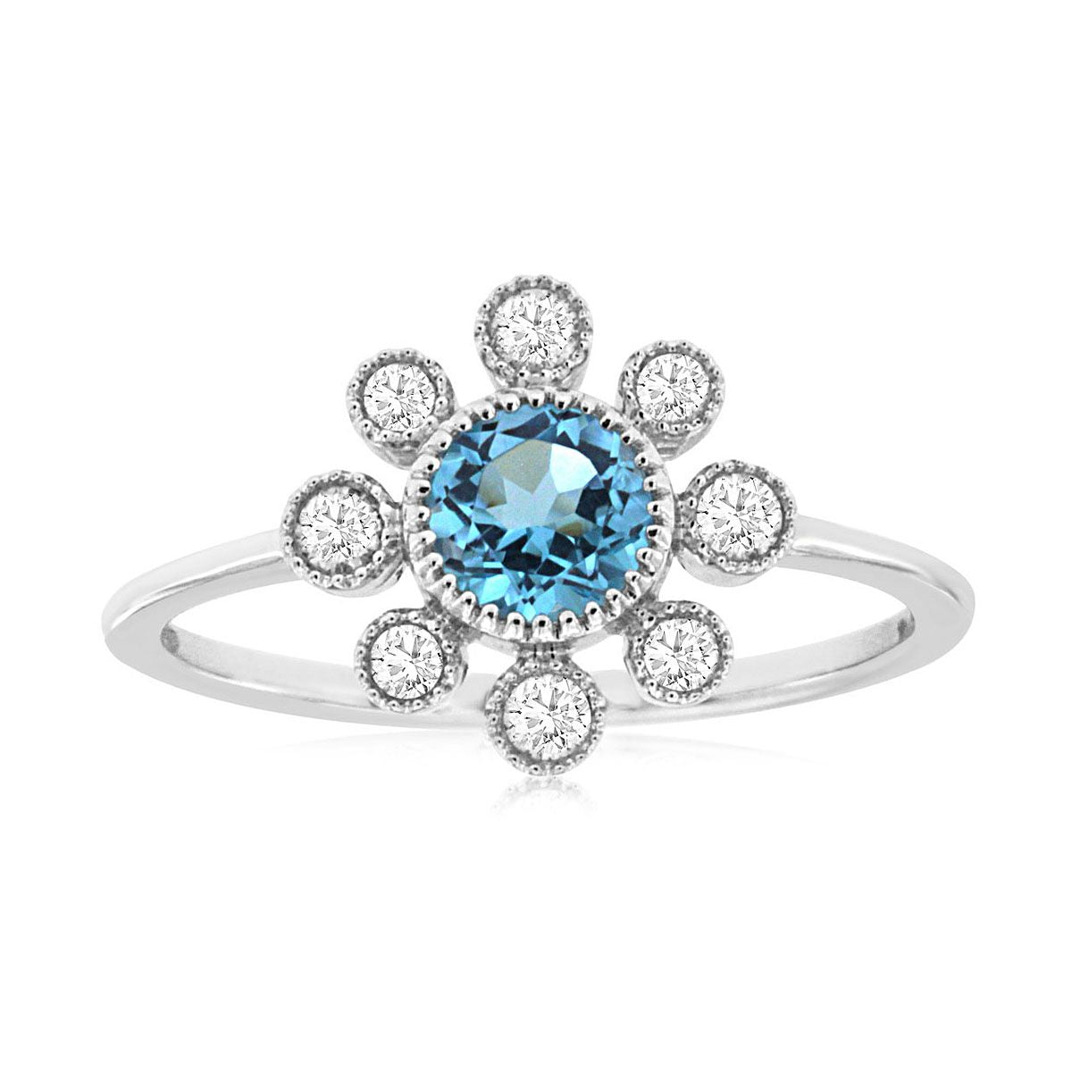 Flower Design Blue Topaz and Diamond Ring in 14k White Gold