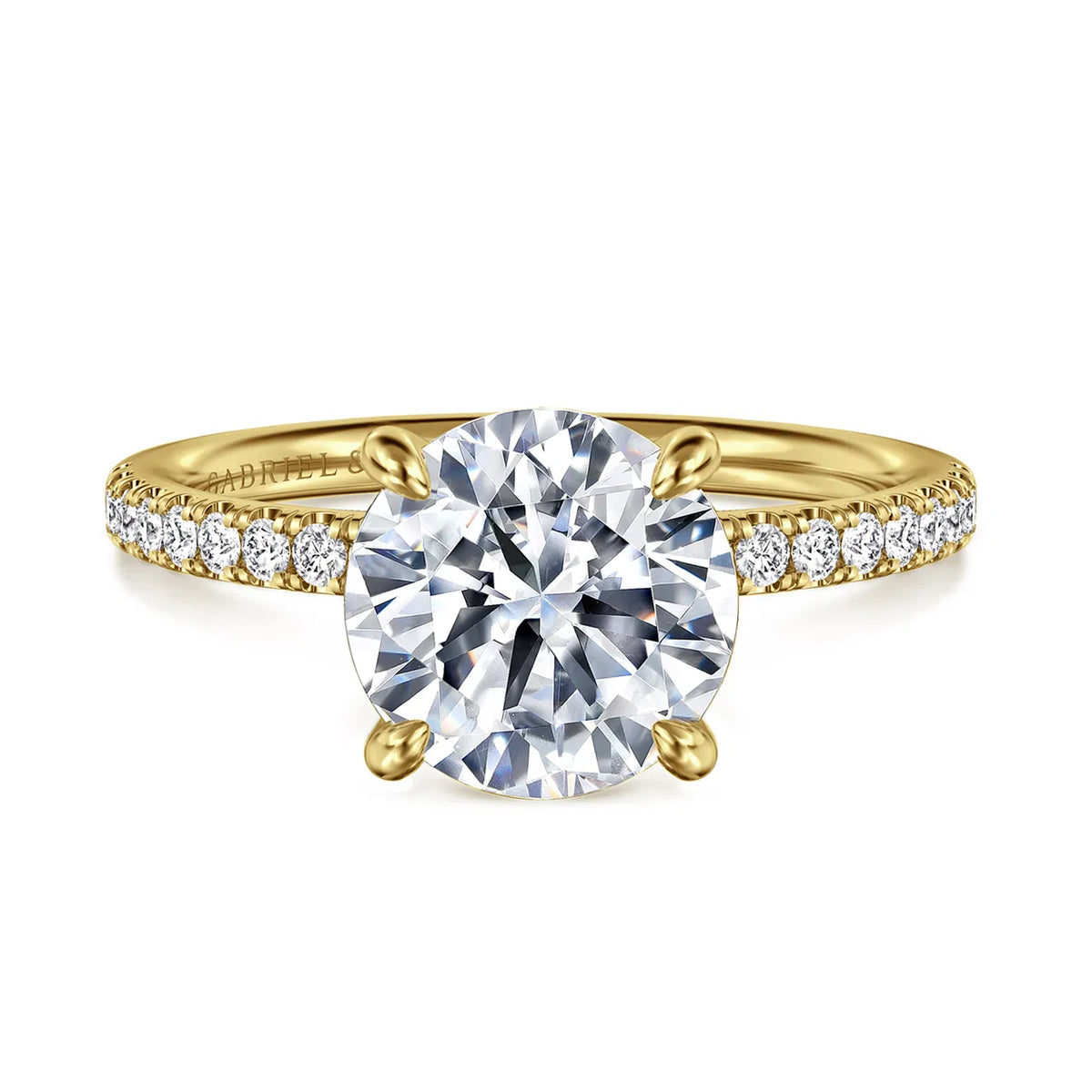 Twain Prong Set Round Diamond Pave Engagement Ring Setting in Yellow Gold, 0.20 cttw