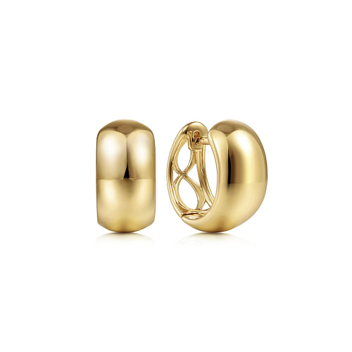 Domed Wide 13.2mm Openwork Back Huggie Earrings in Yellow Gold