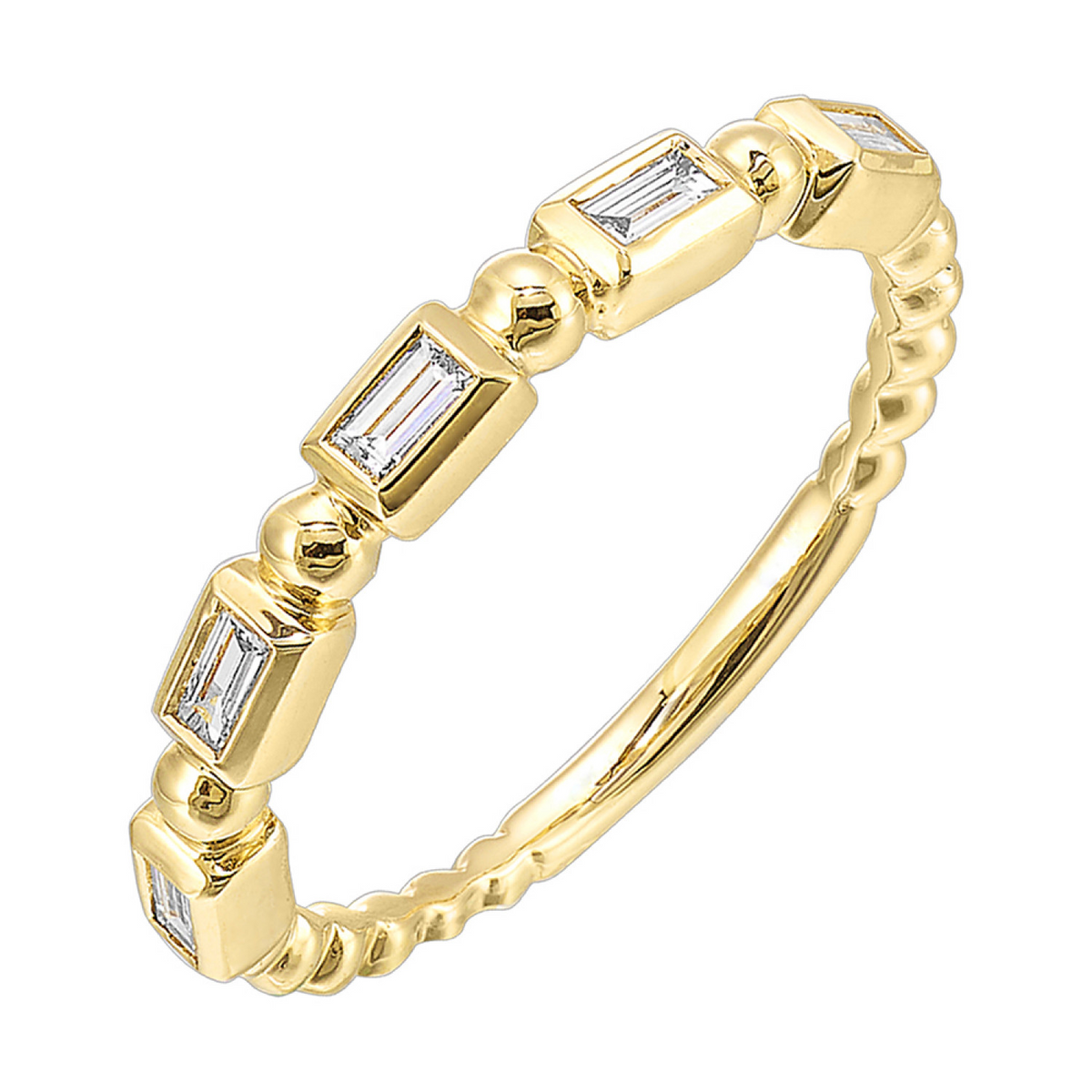 Geometric Baguette Diamond and Beaded Ring Band in Yellow Gold, 0.20 cttw