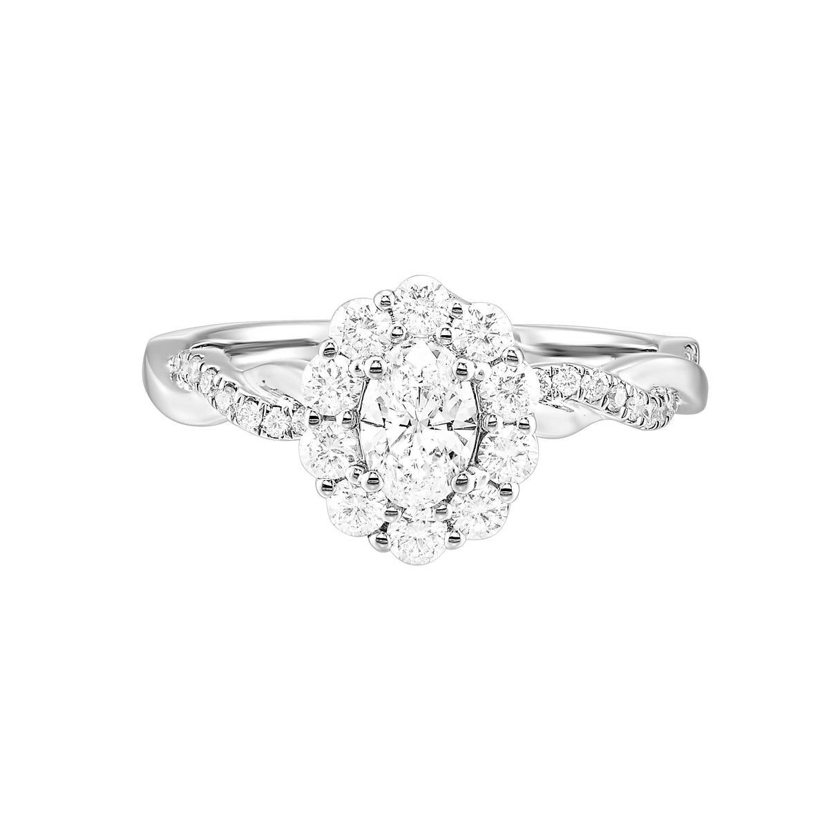 Oval Lab Created Diamond Halo Crossover Band Engagement Ring in White Gold, 0.94 cttw