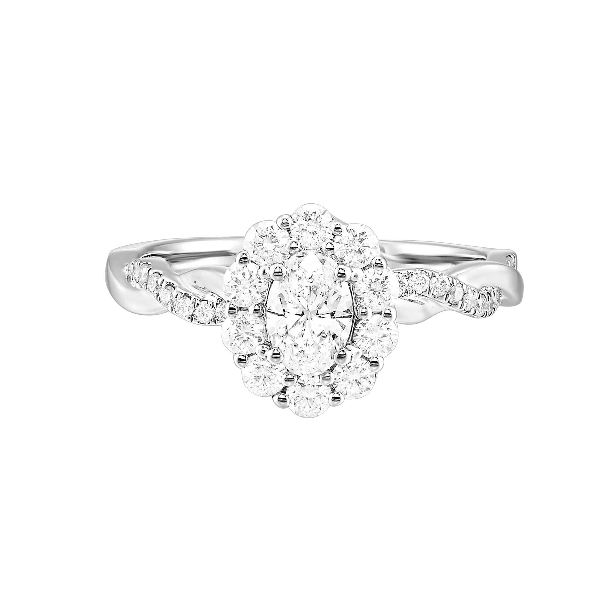 Oval Lab Created Diamond Halo Crossover Band Engagement Ring in White Gold, 0.94 cttw