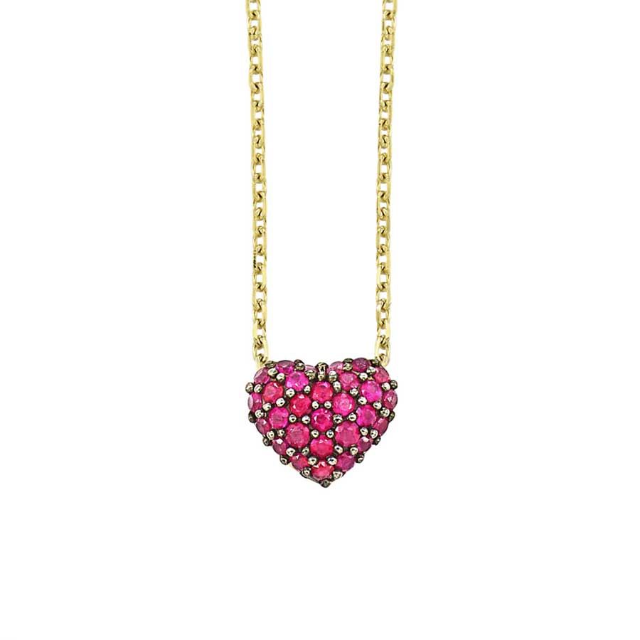 Pave Ruby Puffed Heart Pendant Necklace in Yellow Gold